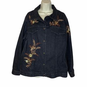 Victor Costa Occasion Black Denim Embroidered Shirt Jeans Jacket with Snaps